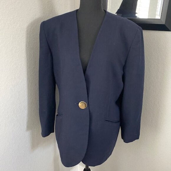 VINTAGE Christian Dior Navy Blue Gold Button Wool Blazer Jacket Sz XL 18 - Picture 2 of 13